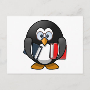 Postal Pingüino cargando libros