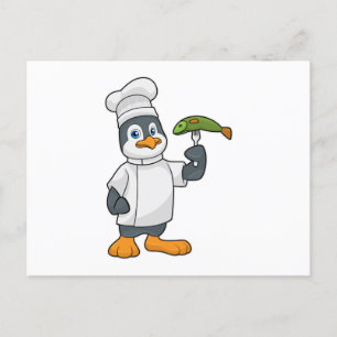 Postal Pingüino cocinado con delantal de pescado y cocina