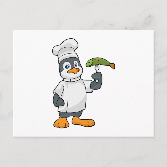 Postal Pingüino cocinado con delantal de pescado y cocina (Anverso)