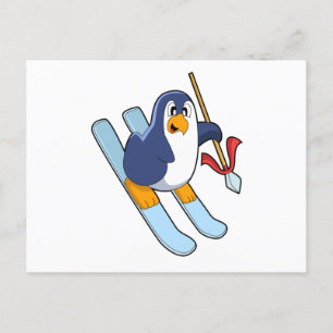 Postal Pingüino como esquiador con esquí