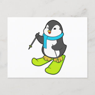 Postal Pingüino como esquiador con esquí