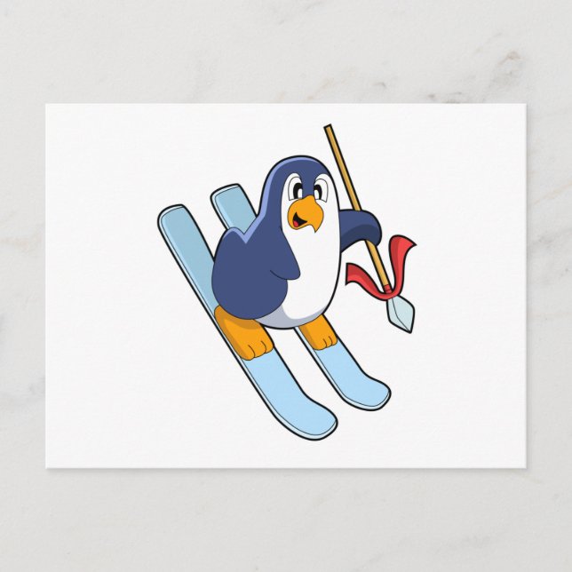 Postal Pingüino como esquiador con esquíes (Anverso)