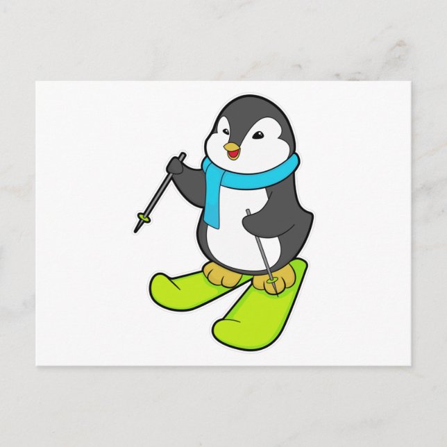 Postal Pingüino como esquiador con esquís (Anverso)