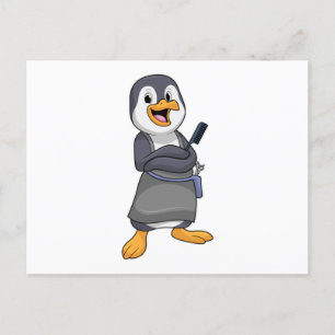 Postal Pingüino como estilista con peine