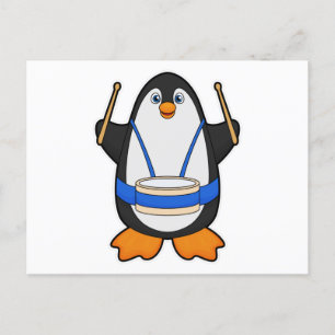 Postal Pingüino como músico con tambor