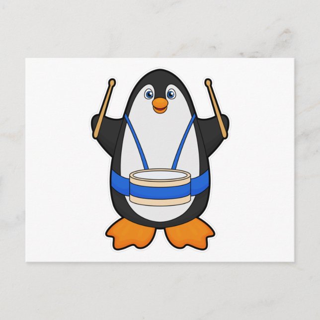 Postal Pingüino como músico con tambor (Anverso)