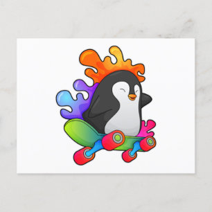 Postal Pingüino como patinador con monopatín