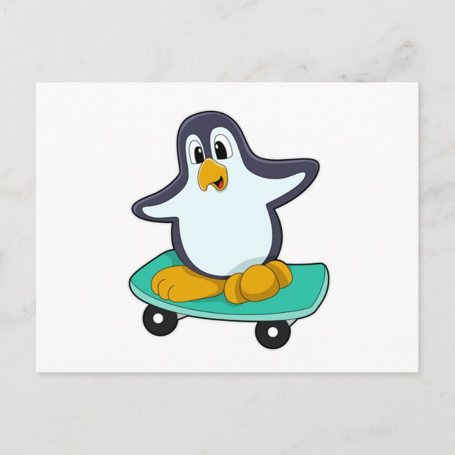 Postal Pingüino como patinador en monopatín (Anverso)
