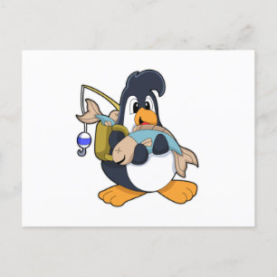 Postal Pingüino como pescador con pez