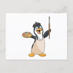 Postal Pingüino como pintador con pincel de pintura y col