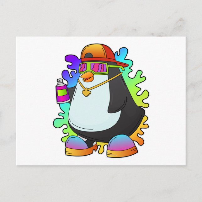 Postal Pingüino como pintor con rociado (Anverso)