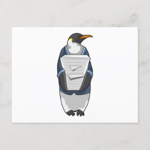 Postal Pingüino como secretario con pila de papel