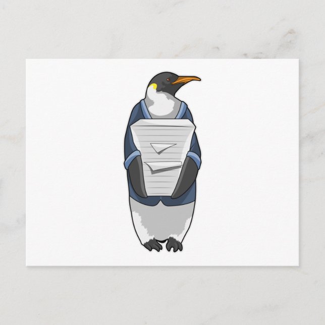 Postal Pingüino como secretario con pila de papel (Anverso)