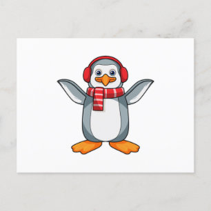Postal Pingüino con bufanda y auriculares