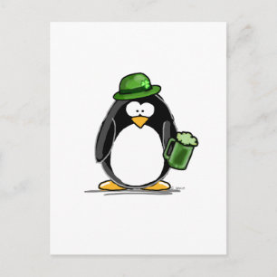 Postal Pingüino con cerveza verde