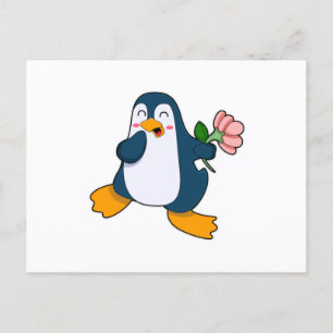 Postal Pingüino con flor rosa