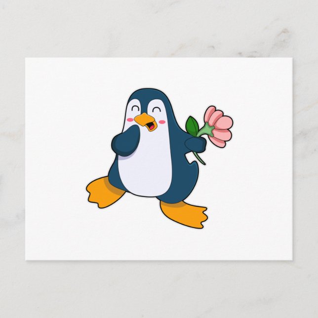 Postal Pingüino con flor rosa (Anverso)