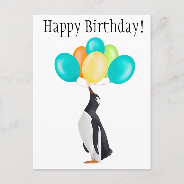 Postal Pingüino Con Globos Coloridos - ¡Feliz cumpleaños! (Anverso)