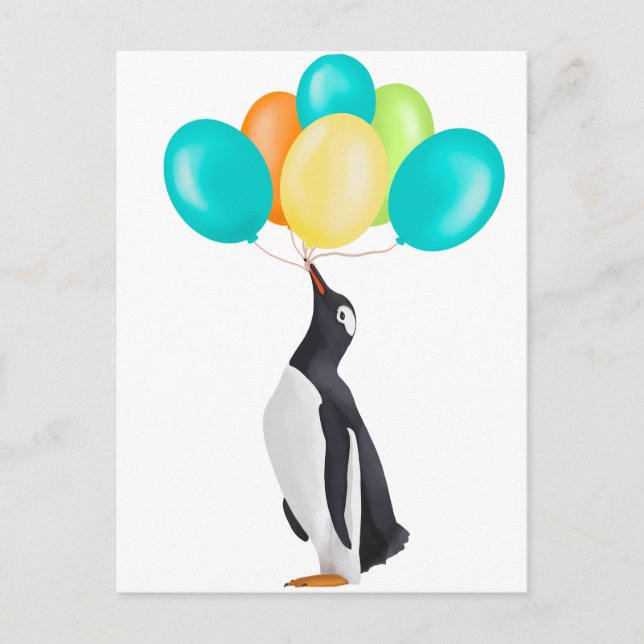 Postal Pingüino con Globos de Colores (Anverso)