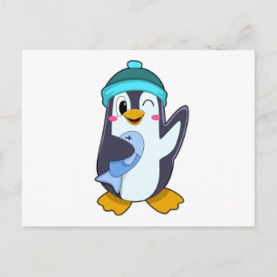 Postal Pingüino con pescado y Gorra