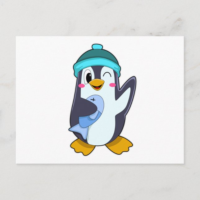 Postal Pingüino con pescado y Gorra (Anverso)