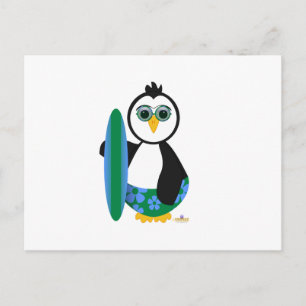 Postal Pingüino Con Placa De Surf Con Lentes De Sol