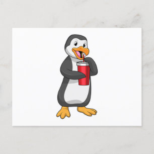 Postal Pingüino con taza para beber con pajita
