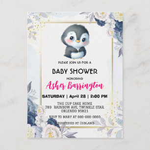 Postal Pingüino Cute de oro Flor azul bebé ducha niños