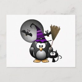 Postal Pingüino de brujería con escena de Halloween