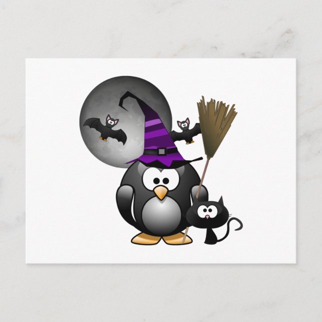 Postal Pingüino de brujería con escena de Halloween (Anverso)