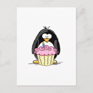 Postal Pingüino de cumpleaños con torta