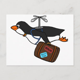Postal Pingüino de helicóptero volador con maleta