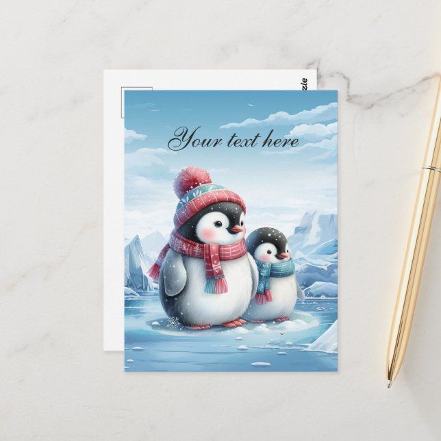 Postal Pingüino de invierno estacional lindo añadir texto (Anverso/Reverso In Situ)