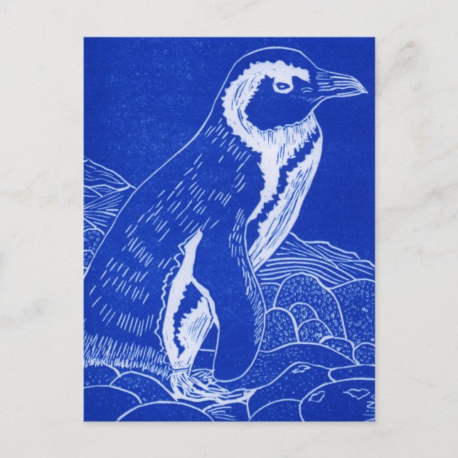 Postal Pingüino de Linocut Azul (Anverso)