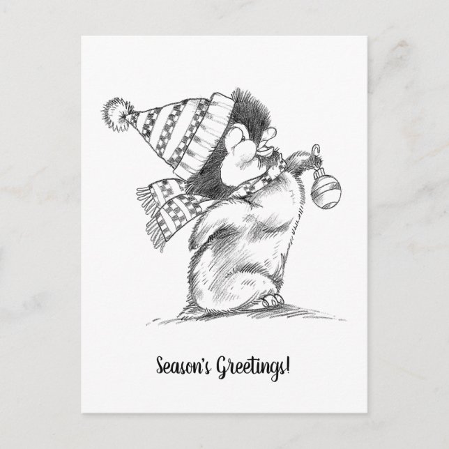Postal Pingüino de Navidades retro lindo con Gorra y bufa (Anverso)