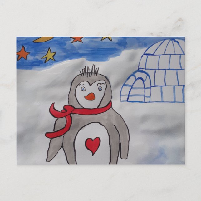 Postal pingüino de nieve en invierno (Anverso)