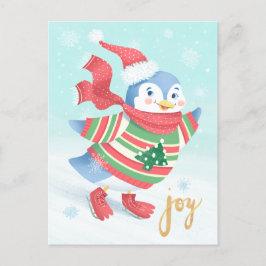 Postal Pingüino de patinaje sobre hielo azul