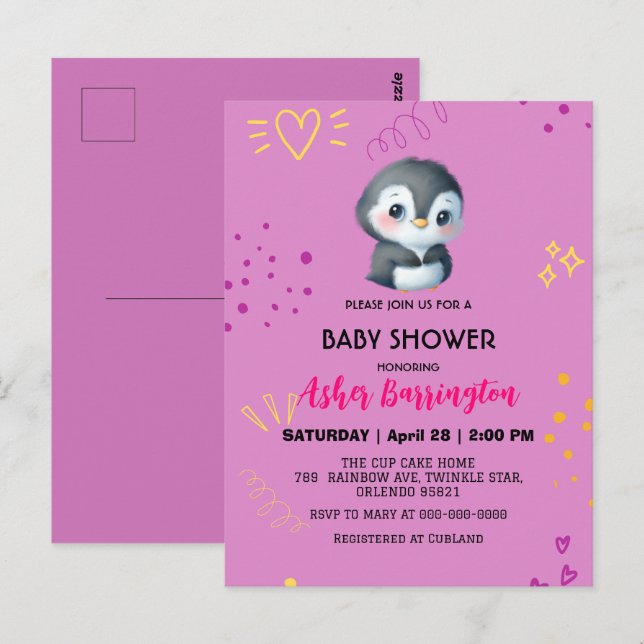 Postal Pingüino dulce morado Pingüino lindo (Anverso / Reverso)