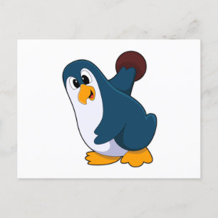 Postal Pingüino en bolera con bola de bolos