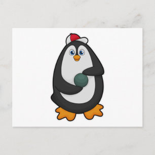 Postal Pingüino en bolera con bola de bolos