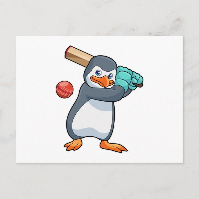 Postal Pingüino en Cricket con bate de cricket (Anverso)