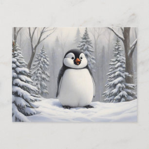Postal Pingüino en el fondo de un árbol de nieve