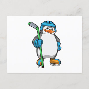 Postal Pingüino en hockey sobre hielo con bastón de hocke