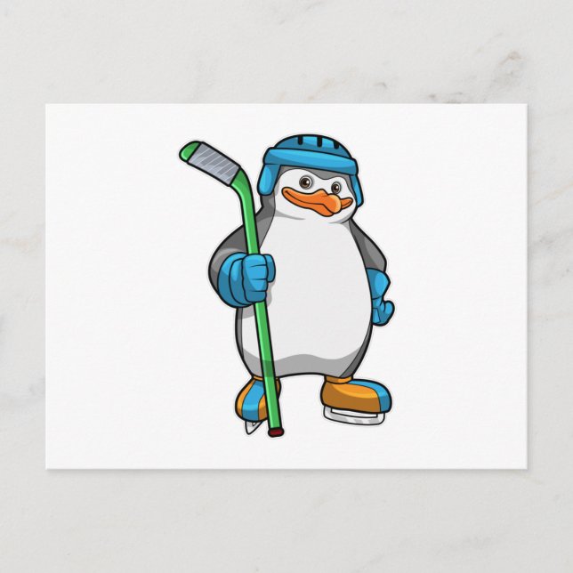 Postal Pingüino en hockey sobre hielo con bastón de hocke (Anverso)