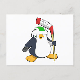 Postal Pingüino en hockey sobre hielo con palo de hockey
