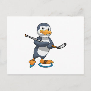Postal Pingüino en hockey sobre hielo con palo de hockey 