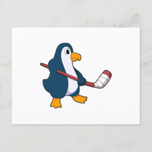 Postal Pingüino en hockey sobre hielo con palo de hockey 