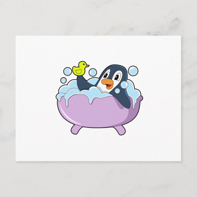 Postal Pingüino en la bañera con pato (Anverso)