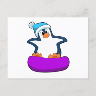Postal Pingüino en snowboarding con tabla de nieve