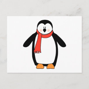 Postal Pingüino envuelto en bufanda roja